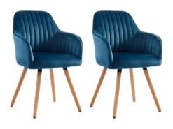 Lot De 2 Chaises Avec Accoudoirs - Velours Et Métal Effet Bois - Bleu - ELEANA
