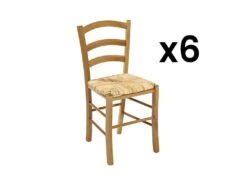 Lot De 6 Chaises PAYSANNE - Hêtre Massif Teinté Chêne, Paille De Riz