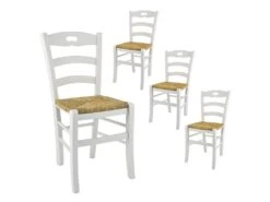 SUZY - Lot De 4 Chaises Laquées Blanc Et Assises En Paille