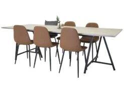 Jepara Ensemble Table, Table Teck Et 6 Polar Chaises Similicuir PU Marron.