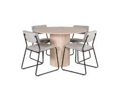 BiancaROWW Ensemble Table, Table Chêne Plaqué Blanc Washed Et 4 Kenth Chaises Velours Gris.