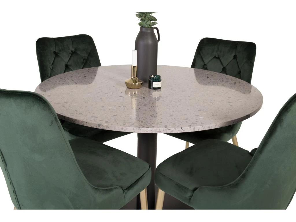 RazziaGR Ensemble Table, Table Terrazzo Gris Et 4 Velvet Deluxe Chaises Velours Vert, Laiton Décor. 3 RazziaGR Ensemble Table, Table Terrazzo Gris Et 4 Velvet Deluxe Chaises Velours Vert, Laiton Décor. – Image 3
