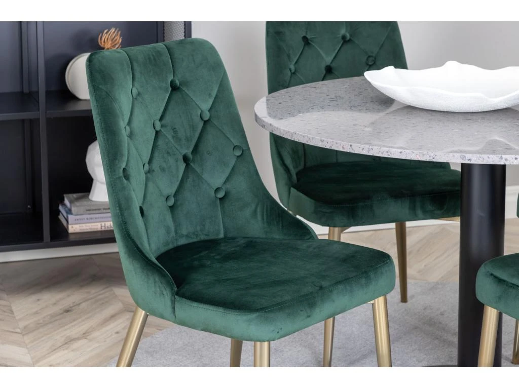 RazziaGR Ensemble Table, Table Terrazzo Gris Et 4 Velvet Deluxe Chaises Velours Vert, Laiton Décor. 6 RazziaGR Ensemble Table, Table Terrazzo Gris Et 4 Velvet Deluxe Chaises Velours Vert, Laiton Décor. – Image 6