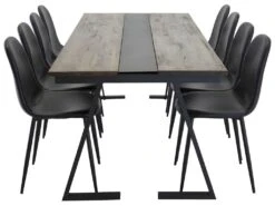 Jakarta Ensemble Table, Table Teck Et 8 Polar Chaises Similicuir PU Noir.
