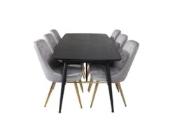 Gold Ensemble Table, Table Extensible Longueur Cm180 / 220 Noir Et 6 Velvet Deluxe Chaises Velours Grisclair, Laiton Décor.
