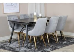 Gold Ensemble Table, Table Extensible Longueur Cm180 / 220 Noir Et 6 Velvet Deluxe Chaises Velours Grisclair, Laiton Décor. -Deco.fr Soldes Boutique ensemble table et chaise 22198139