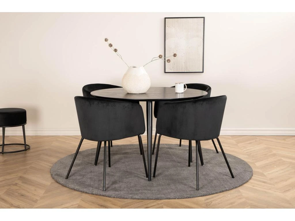 DippØ115BLBL Ensemble Table, Table Noir Et 4 Berit Chaises Velours Noir. 1 DippØ115BLBL Ensemble Table, Table Noir Et 4 Berit Chaises Velours Noir.