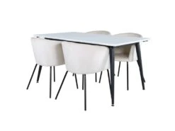 Jimmy150 Ensemble Table, Table Extensible Longueur Cm150 / 240 Blanc Et 4 Berit Chaises Velours Beige.