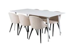 Polar180X90WHWH Ensemble Table, Table Blanc Et 6 Velvet Chaises Velours Beige, Noir.