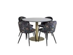 EstelleØ106BLBR Ensemble Table, Table Noir, Marbre Et 4 Velvet Chaises Velours Fleuri.