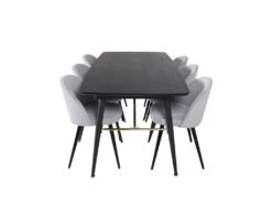 Gold Ensemble Table, Table Extensible Longueur Cm180 / 220 Noir Et 6 Velvet Chaises Velours Côtelé Grisclair, Noir.