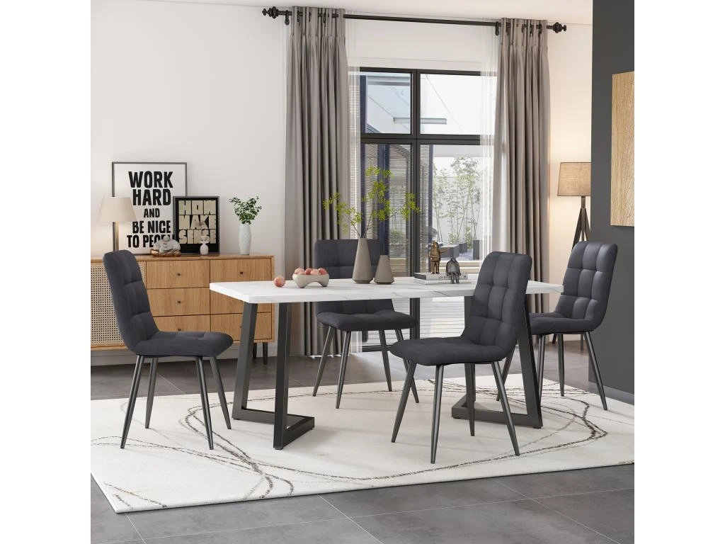 Ensemble Table Et 4 Chaises - Table Noire 117x68cm - Structure En Métal - Chaise En Lin Gris 5 Ensemble Table Et 4 Chaises - Table Noire 117x68cm - Structure En Métal - Chaise En Lin Gris – Image 5