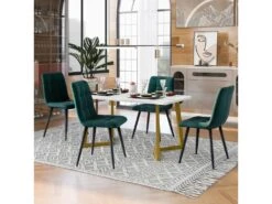 Ensemble Table Et 4 Chaises - Table Dorée 117x68cm - Structure En Métal - Chaise En Velours Vert