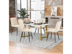 Ensemble Table Et 4 Chaises - Table Dorée 117x68cm - Structure En Métal - Chaise En Velours Beige