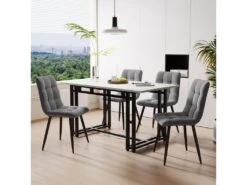 Ensemble Table Et 4 Chaises - Table Noire 120x70cm - Structure En Métal - Chaise En Lin Gris