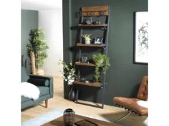 ALIDA - Étagère Murale Plateaux Marron 4 Niveaux Teck Recyclé Structure Métal Noir