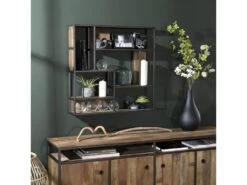 ALIDA - Étagère Murale Carrée Marron 80x80cm 4 Niveaux 3 Niches Bois Mahogany Structure Métal Noir