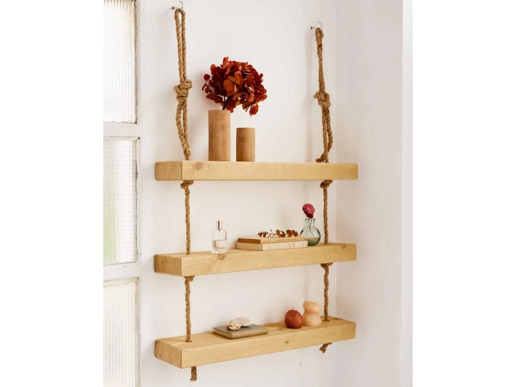 Etagère Suspendue En Bois De Couleur Naturelle 3 étages 100 Cm 2 Etagère Suspendue En Bois De Couleur Naturelle 3 étages 100 Cm – Image 2
