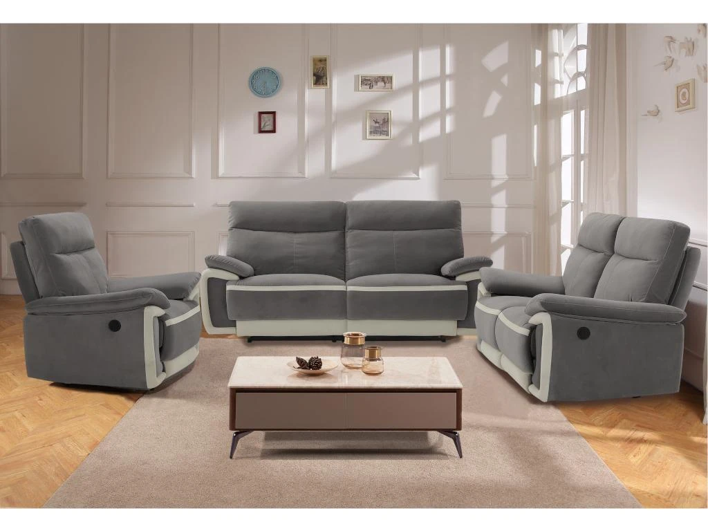 Fauteuil Relax électrique En Velours METTI - Gris Et Bandes écru 1 Fauteuil Relax électrique En Velours METTI - Gris Et Bandes écru