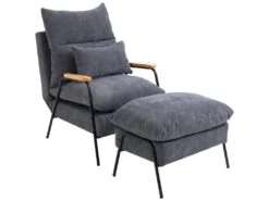Fauteuil Lounge Style Néo-rétro Avec Repose-pied - Dossier Inclinable - Structure Acier Noir Accoudoirs Bois Hévéa Revêtement Velours Cotelé Gris -Deco.fr Soldes Boutique fauteuil 10678717