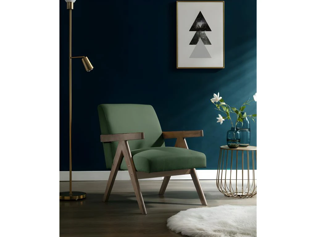 WARREN - Fauteuil Lounge En Tissu Sauge Et Bois Teinté Noyer Gris 2 WARREN - Fauteuil Lounge En Tissu Sauge Et Bois Teinté Noyer Gris – Image 2