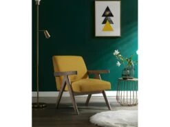 WARREN - Fauteuil Lounge En Tissu Moutarde Et Bois Teinté Noyer Gris -Deco.fr Soldes Boutique fauteuil 11576307