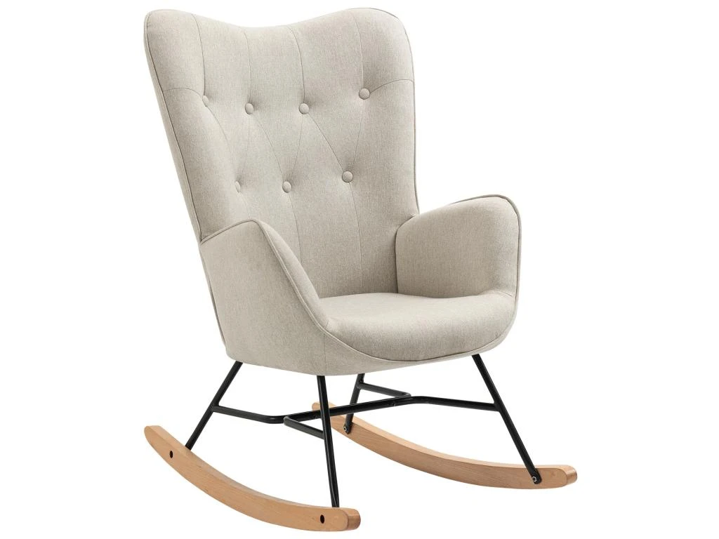 Fauteuil à Bascule Allaitement Scandinave Chaise Loisir Et Repos En Tissu Avec Pieds En E' Bois Métal Pour Salon, Chambre, Massif, Beige, 66x84x97cm 1 Fauteuil à Bascule Allaitement Scandinave Chaise Loisir Et Repos En Tissu Avec Pieds En E' Bois Métal Pour Salon, Chambre, Massif, Beige, 66x84x97cm