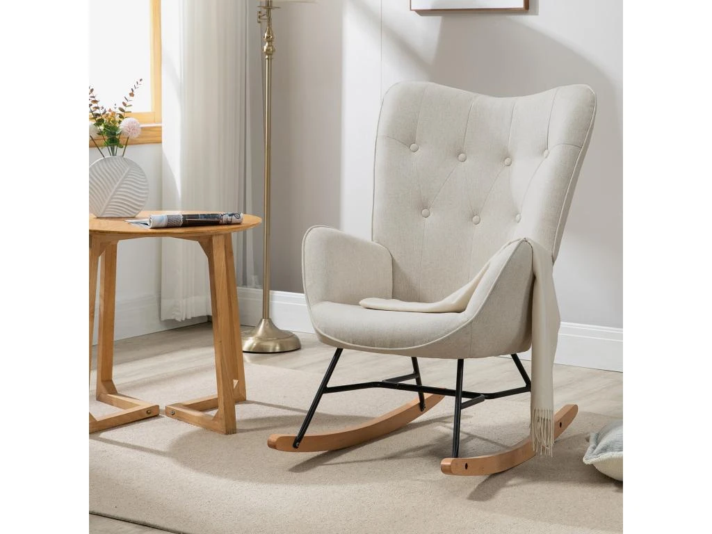 Fauteuil à Bascule Allaitement Scandinave Chaise Loisir Et Repos En Tissu Avec Pieds En E' Bois Métal Pour Salon, Chambre, Massif, Beige, 66x84x97cm 2 Fauteuil à Bascule Allaitement Scandinave Chaise Loisir Et Repos En Tissu Avec Pieds En E' Bois Métal Pour Salon, Chambre, Massif, Beige, 66x84x97cm – Image 2