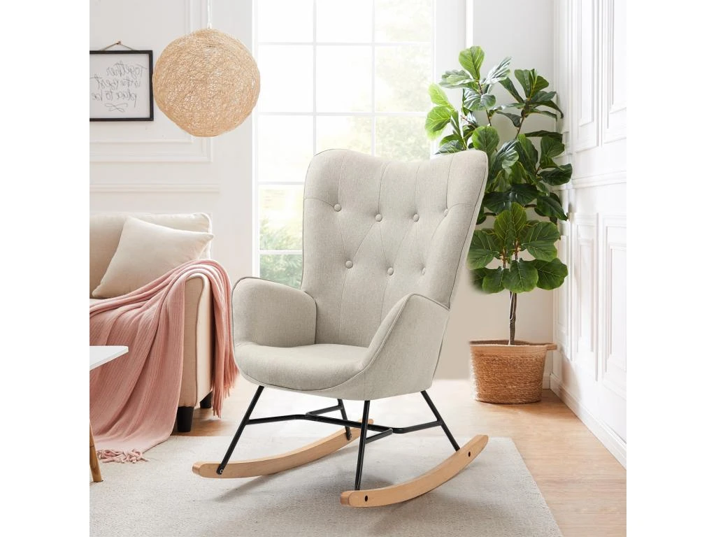 Fauteuil à Bascule Allaitement Scandinave Chaise Loisir Et Repos En Tissu Avec Pieds En E' Bois Métal Pour Salon, Chambre, Massif, Beige, 66x84x97cm 3 Fauteuil à Bascule Allaitement Scandinave Chaise Loisir Et Repos En Tissu Avec Pieds En E' Bois Métal Pour Salon, Chambre, Massif, Beige, 66x84x97cm – Image 3