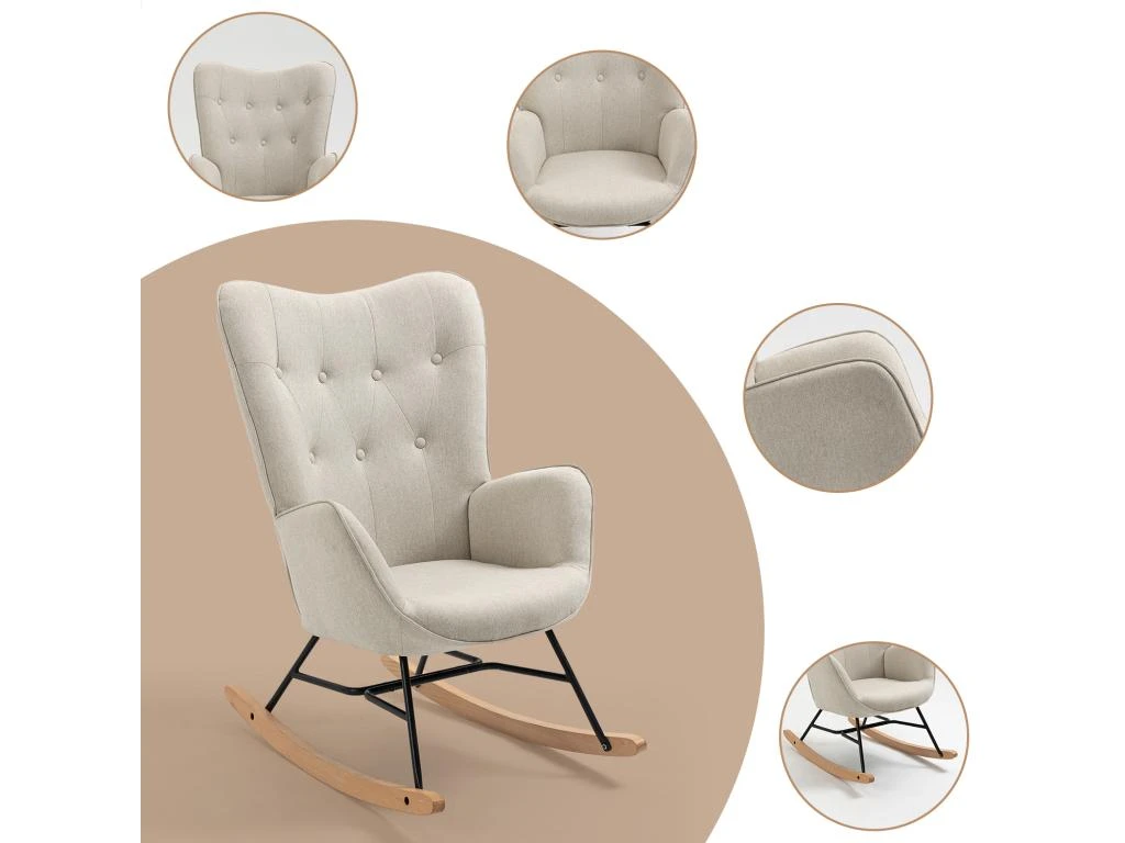 Fauteuil à Bascule Allaitement Scandinave Chaise Loisir Et Repos En Tissu Avec Pieds En E' Bois Métal Pour Salon, Chambre, Massif, Beige, 66x84x97cm 6 Fauteuil à Bascule Allaitement Scandinave Chaise Loisir Et Repos En Tissu Avec Pieds En E' Bois Métal Pour Salon, Chambre, Massif, Beige, 66x84x97cm – Image 6