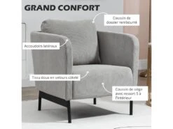 Fauteuil Lounge Style Néo-rétro Piètement Acier Noir Revêtement Velours Cotelé Gris Clair -Deco.fr Soldes Boutique fauteuil 12874817