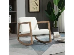 Fauteuil Lounge à Bascule - Assise Profonde, Dossier Incliné - Revêtement Effet Peau De Mouton Polyester Crème - Accoudoirs, Structure Bois Hévéa