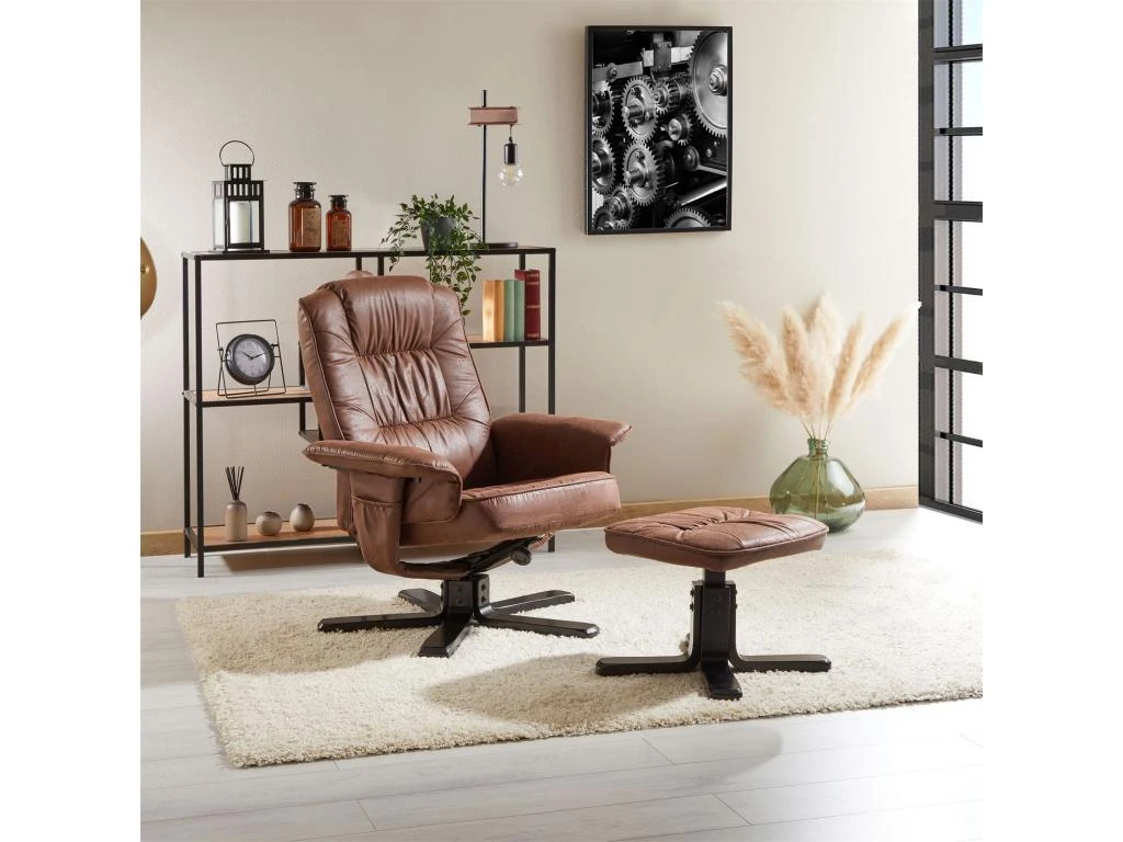 Fauteuil De Relaxation CHARLY Repose-pieds Siège Pivotant Dossier Inclinable Assise Rembourrée, En Tissu Vintage Brun Pieds Noirs 2 Fauteuil De Relaxation CHARLY Repose-pieds Siège Pivotant Dossier Inclinable Assise Rembourrée, En Tissu Vintage Brun Pieds Noirs – Image 2