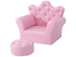 Ensemble Fauteuil Et Pouf Enfant Design Couronne De Princesse - Dossier Et Assise Pouf Avec Boutons Strass Aspect Cristaux - Structure Bois Revêtement Synthétique PVC Rose