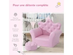 Ensemble Fauteuil Et Pouf Enfant Design Couronne De Princesse - Dossier Et Assise Pouf Avec Boutons Strass Aspect Cristaux - Structure Bois Revêtement Synthétique PVC Rose -Deco.fr Soldes Boutique fauteuil 14801723