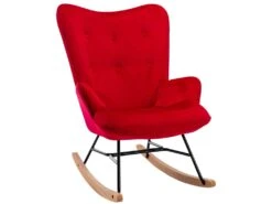 Fauteuil à Bascule Rocking Chair Bouton Décoratif En Tissu Velours Rouge Confortable Et Design FAB10075