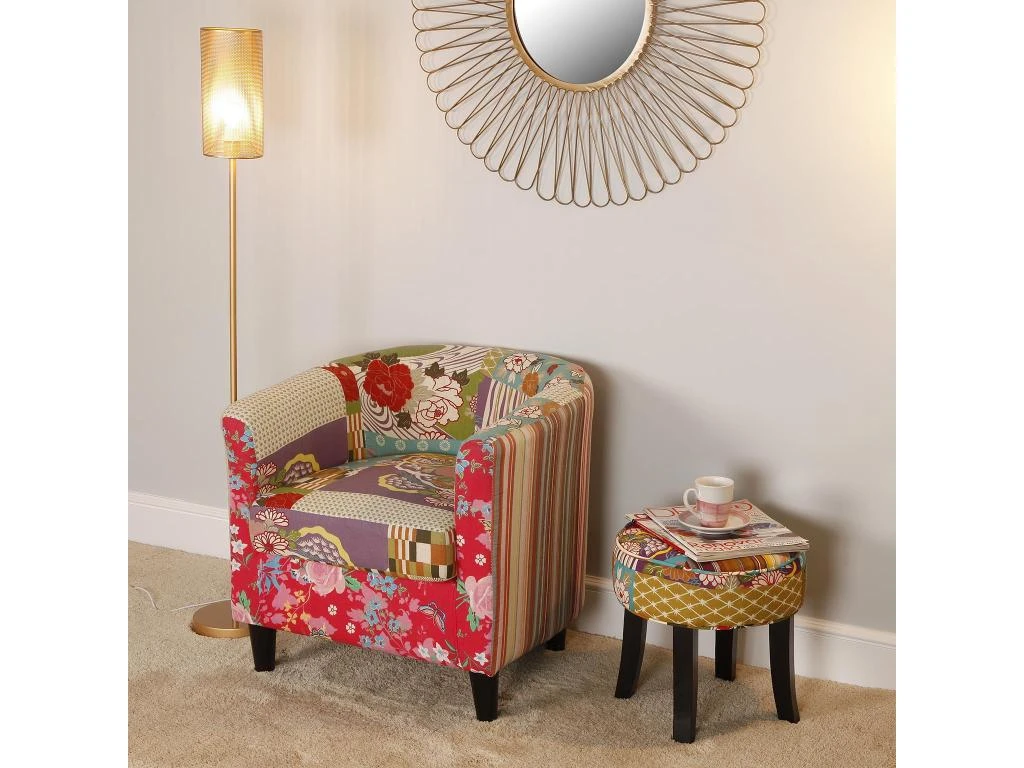 Fauteuil Pour Salon Pink Patchwork, 56 X 62 X 64 Cm, Coton Et Bois, Rose 2 Fauteuil Pour Salon Pink Patchwork, 56 X 62 X 64 Cm, Coton Et Bois, Rose – Image 2