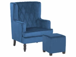 Fauteuil Bergère En Velours Bleu Avec Repose-pieds Assorti SANDSET