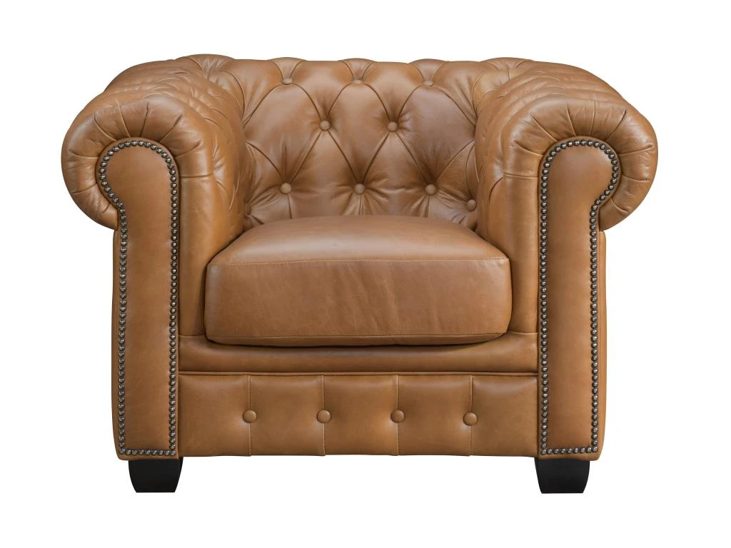 Fauteuil Chesterfield BRENTON 100% Cuir De Buffle Premium - Caramel Vintage 1 Fauteuil Chesterfield BRENTON 100% Cuir De Buffle Premium - Caramel Vintage