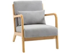 Fauteuil Lounge EVA Gris, En Bois Et Aspect Velours