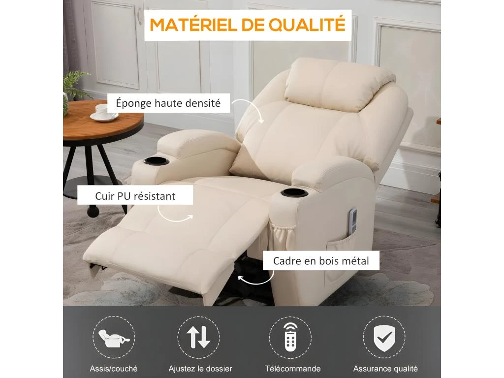 Fauteuil De Relaxation éléctrique Massant Inclinable CHARLOTTE Crème 2 Fauteuil De Relaxation éléctrique Massant Inclinable CHARLOTTE Crème – Image 2