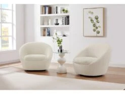 Fauteuil Pivotant Arrondi En Tissu Bouclette Blanc LACARA