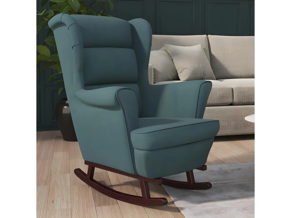 Fauteuil à Bascule Et Pieds En Bois Massif D'hévéa Bleu Velours 1 Fauteuil à Bascule Et Pieds En Bois Massif D'hévéa Bleu Velours