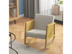 Fauteuil Lounge à Bascule Style Bohème Chic - Accoudoirs Structure Bois Hévéa Rotin - Tissu Toucher Lin Gris Clair