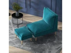 Fauteuil Design Scandinave Grand Confort - Repose-pied Inclus - Piètement Effilé Incliné Bois Hévéa Velours Turquoise -Deco.fr Soldes Boutique fauteuil 22963253