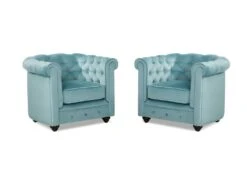 Lot De 2 Fauteuils CHESTERFIELD - Velours Bleu Pastel