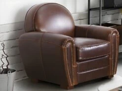 Fauteuil Club 100% Cuir Vieilli BAUDOIN - Marron