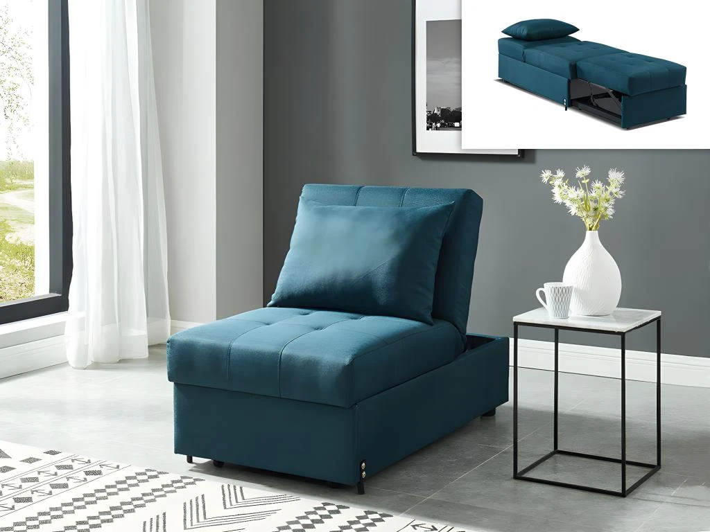 Fauteuil Convertible En Tissu LESNA - Bleu Canard 2 Fauteuil Convertible En Tissu LESNA - Bleu Canard – Image 2