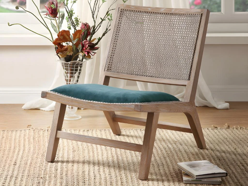 Fauteuil En Velours Et Cannage HELIAS - Bleu 1 Fauteuil En Velours Et Cannage HELIAS - Bleu