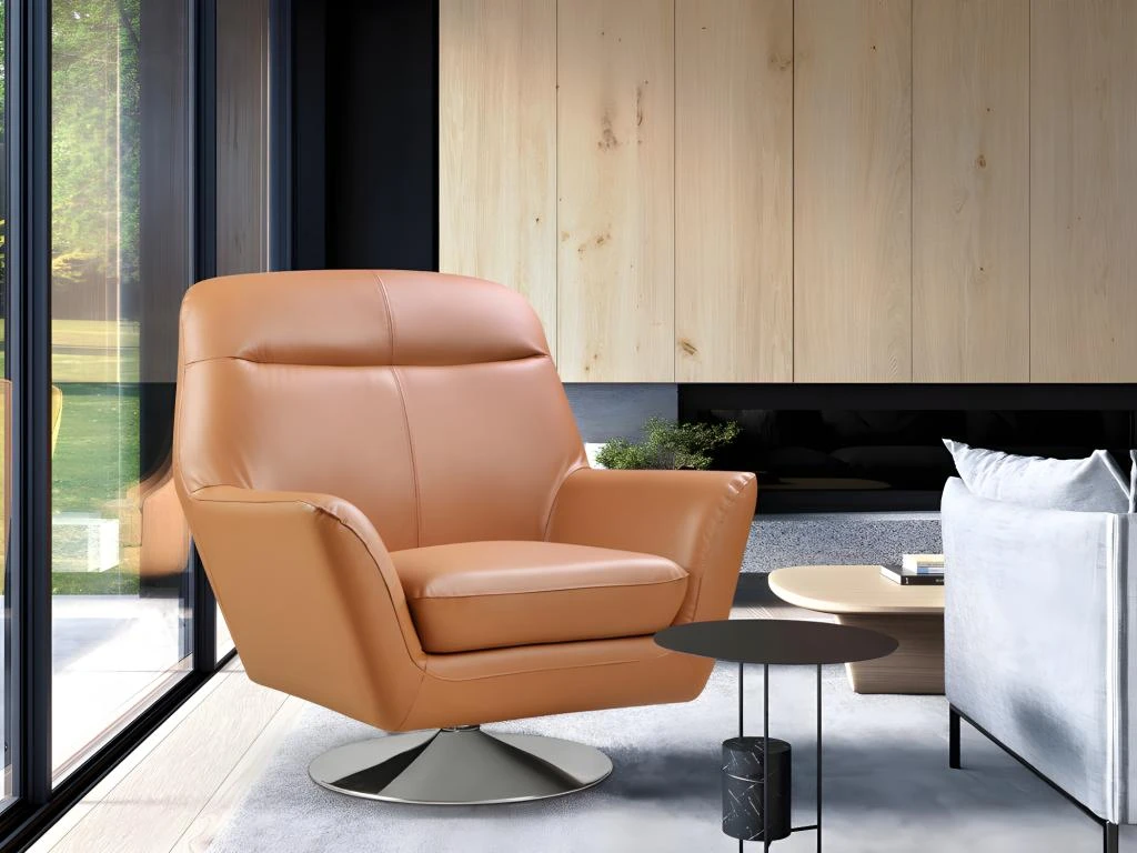 Fauteuil Pivotant En Cuir De Buffle ITHAQUE - Camel 1 Fauteuil Pivotant En Cuir De Buffle ITHAQUE - Camel